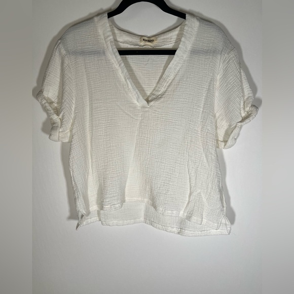 Rag Poets white v-neck cuffed short slv gauzy blouse sz L boho lightweight - Picture 1 of 9